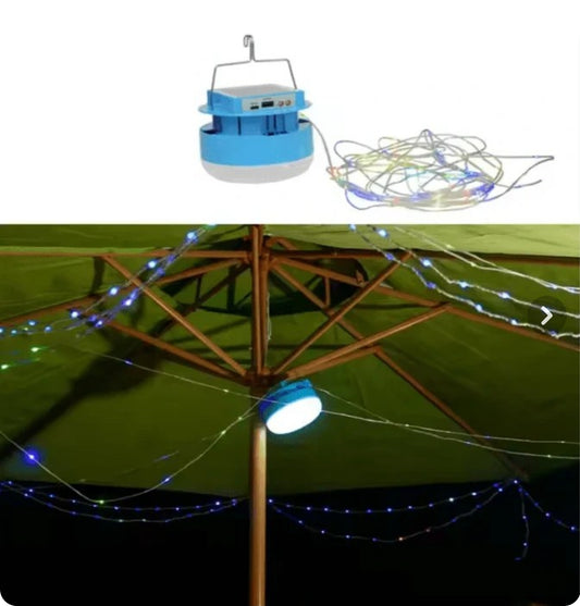 Foco LED Solar Recargable con Guirnalda y Cargador USB de Emergencia
