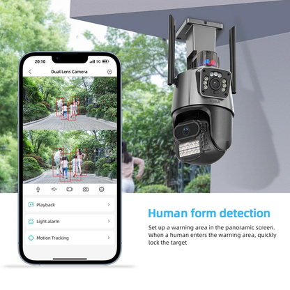 Cámara Exterior Dual Lente WiFi con Baliza App Yoosee