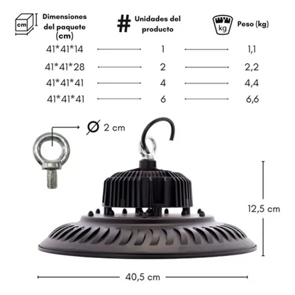 Pack 6 Campanas UFO LED 200W Industrial IP65 | Bodega Galpón