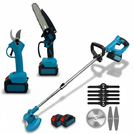 Set Jardinería Inalámbrico 3 en 1  Orilladora + Motosierra + Tijera de Podar Recargable