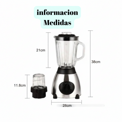 Licuadora 2 en 1 con Picador 850W – Vaso de Vidrio 1.5L + Procesador 300ml