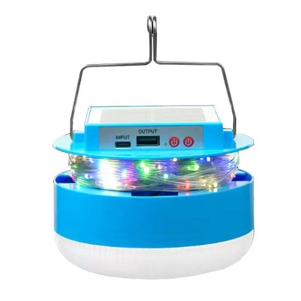 Foco LED Solar Recargable con Guirnalda y Cargador USB de Emergencia
