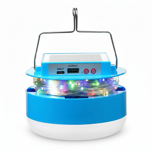 Foco LED Solar Recargable con Guirnalda y Cargador USB de Emergencia
