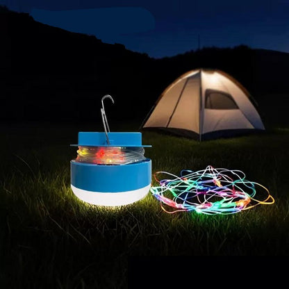 Foco LED Solar Recargable con Guirnalda y Cargador USB de Emergencia