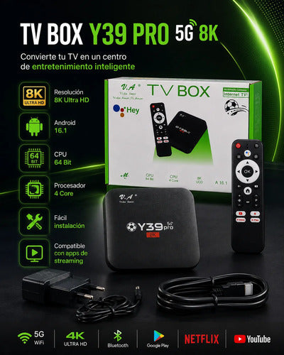 TV Box Y39 Pro 5G 8K Android A16.1 – 4 Núcleos 64 Bits