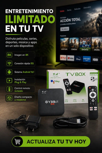 TV Box Y39 Pro 5G 8K Android A16.1 – 4 Núcleos 64 Bits