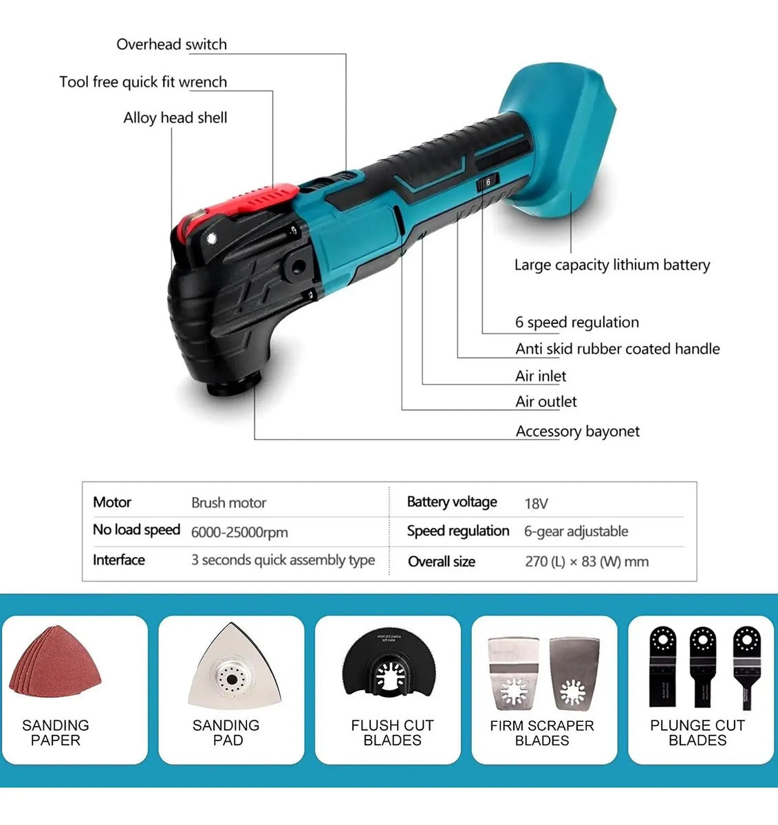 Herramienta Oscilante Multifunción 21V Inalámbrica – 170W con Accesorios Incluidos