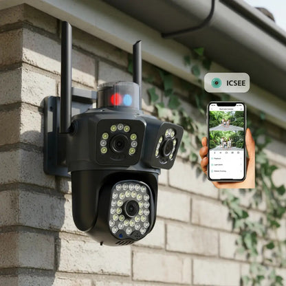 Cámara WiFi Triple Lente PTZ 2MP Exterior Visión Nocturna