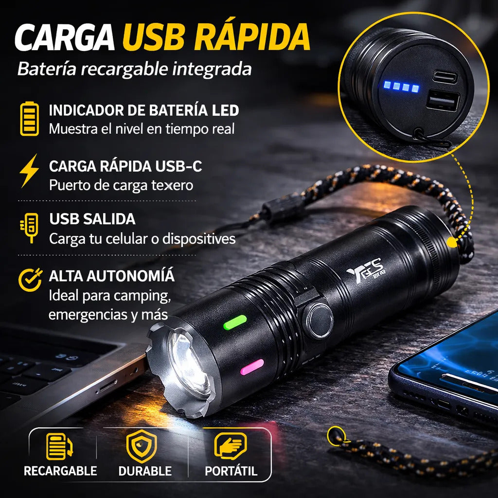 Linterna Táctica Recargable USB 2000 Lúmenes 700m 4 Modos