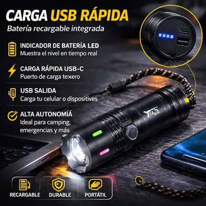 Linterna Táctica Recargable USB 2000 Lúmenes 700m 4 Modos