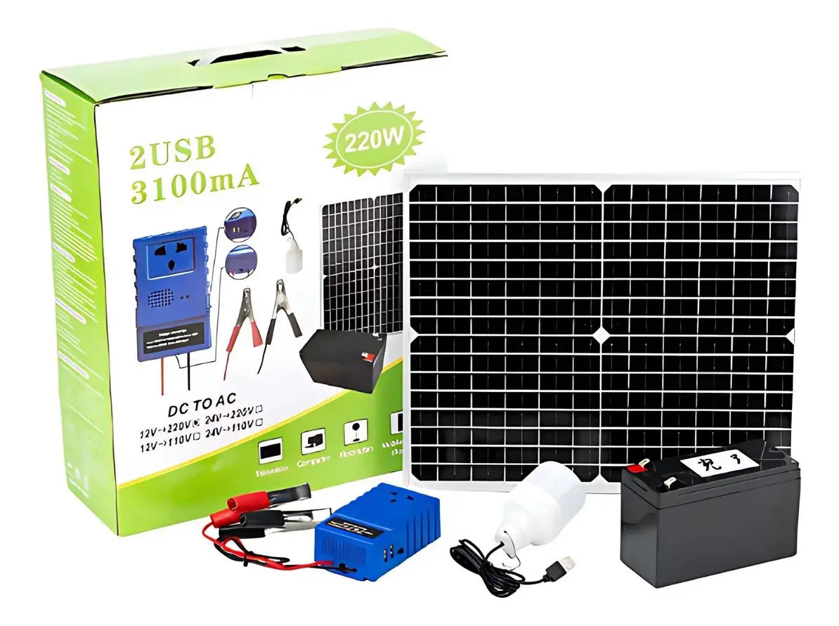 Kit Solar Portátil 3100ma – Panel + Batería + Inversor 220W + Ampolleta LED | Emergencias y Camping