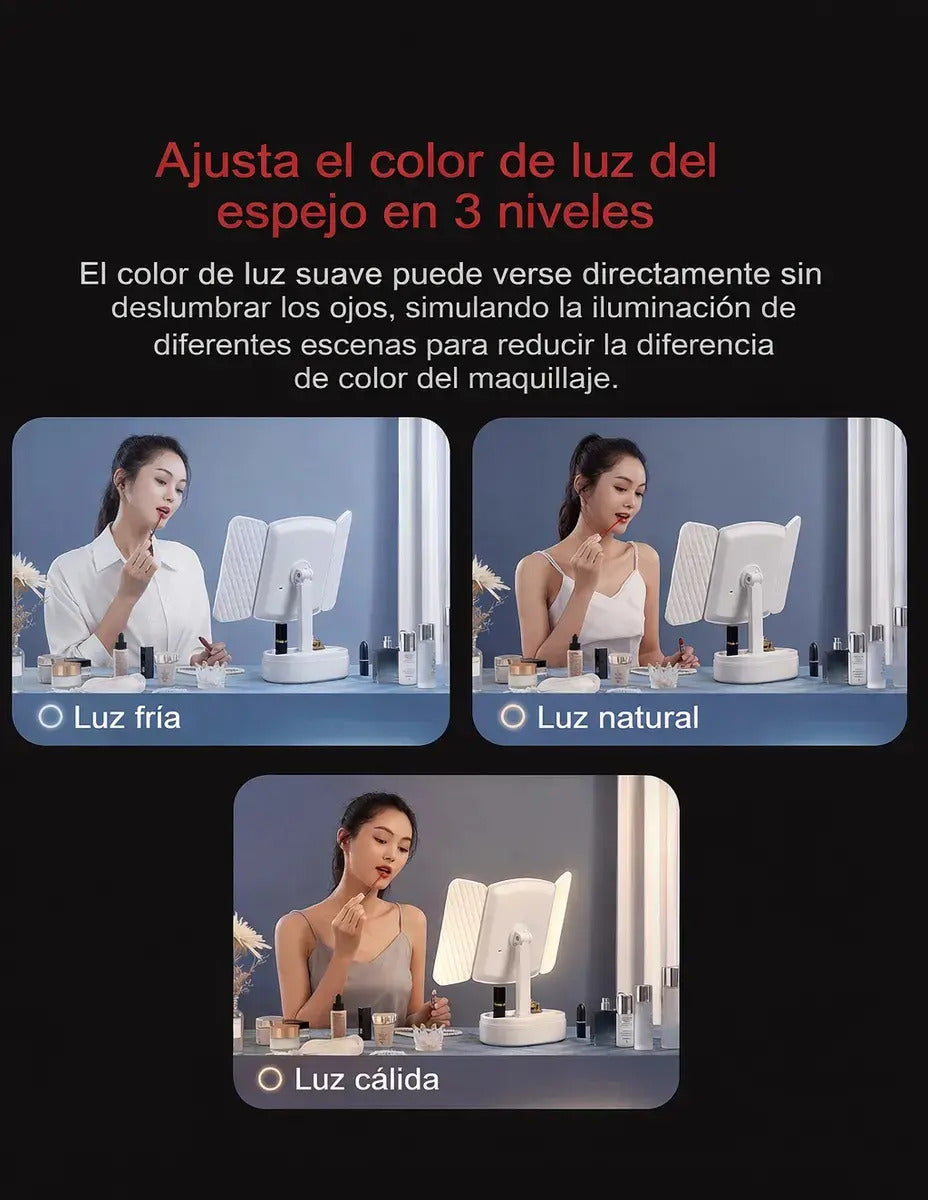 Espejo Tríptico LED USB para Maquillaje – 3 Tipos de Luz, Plegable y Portátil