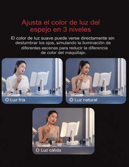 Espejo Tríptico LED USB para Maquillaje – 3 Tipos de Luz, Plegable y Portátil