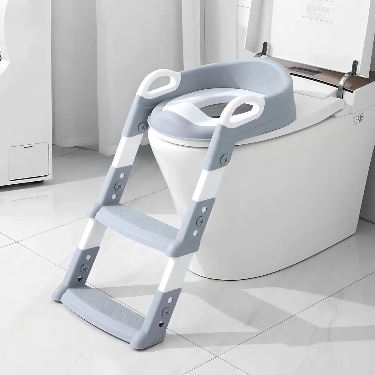 Asiento Entrenador de Baño con Escalera Ajustable Plegable para Bebés Gris
