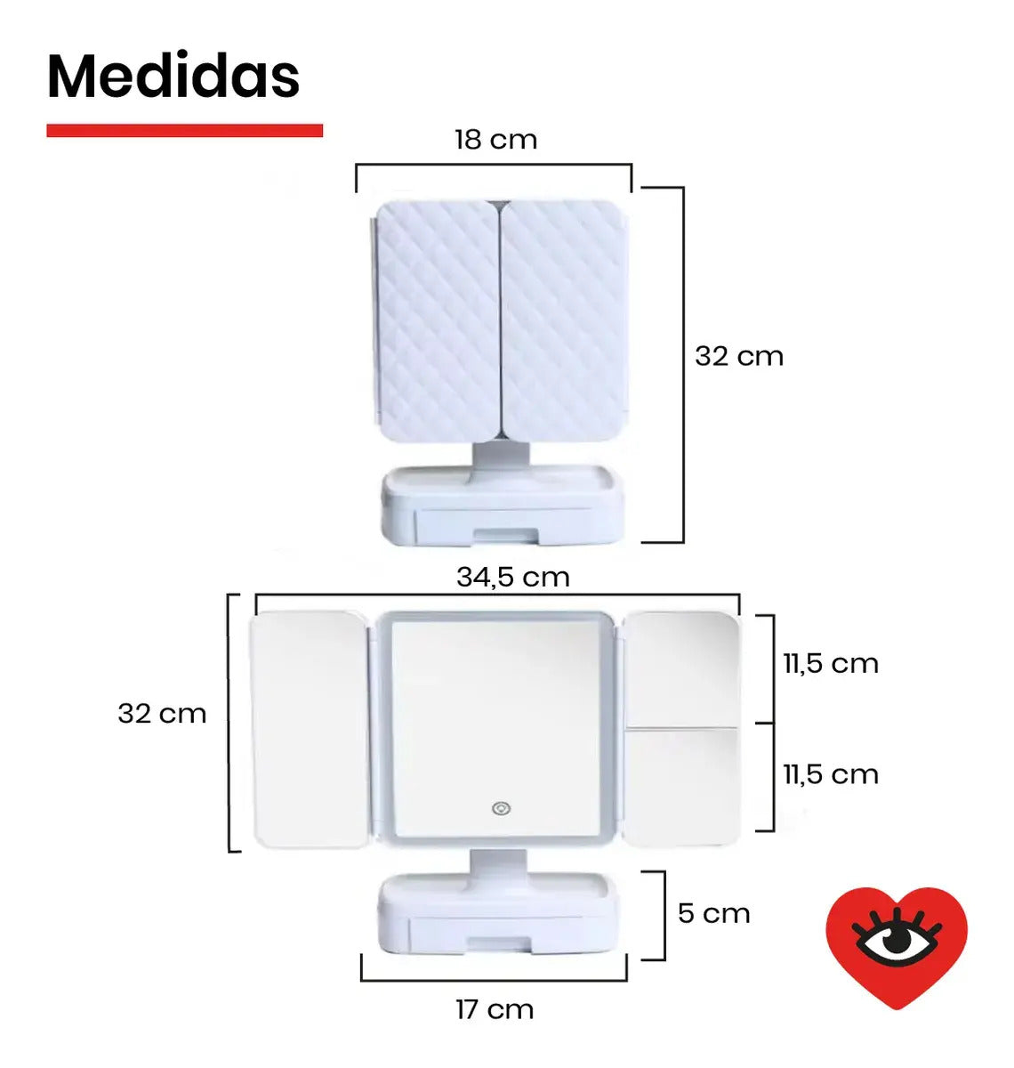 Espejo Tríptico LED USB para Maquillaje – 3 Tipos de Luz, Plegable y Portátil