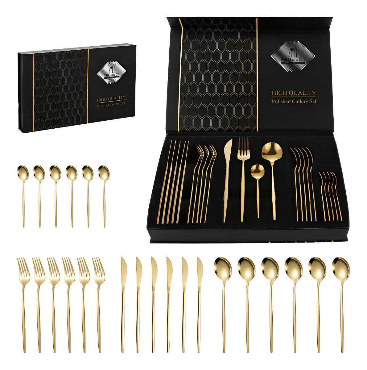 Set de Cubiertos 24 Piezas Acero Inoxidable Dorado – 6 Personas, Apto Lavavajillas