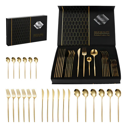 Set de Cubiertos 24 Piezas Acero Inoxidable Dorado – 6 Personas, Apto Lavavajillas