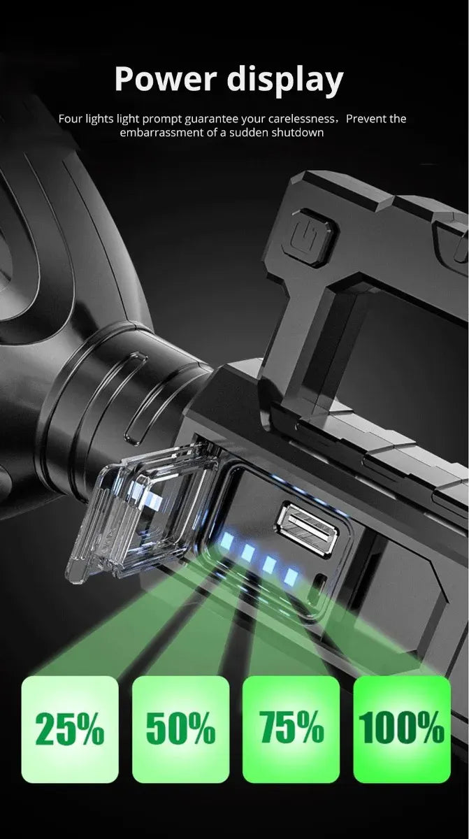 Linterna LED P70 8800 Lúmenes con Trípode y Power Bank – Alcance 2200m