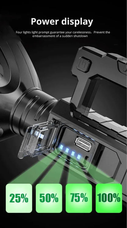 Linterna LED P70 8800 Lúmenes con Trípode y Power Bank – Alcance 2200m