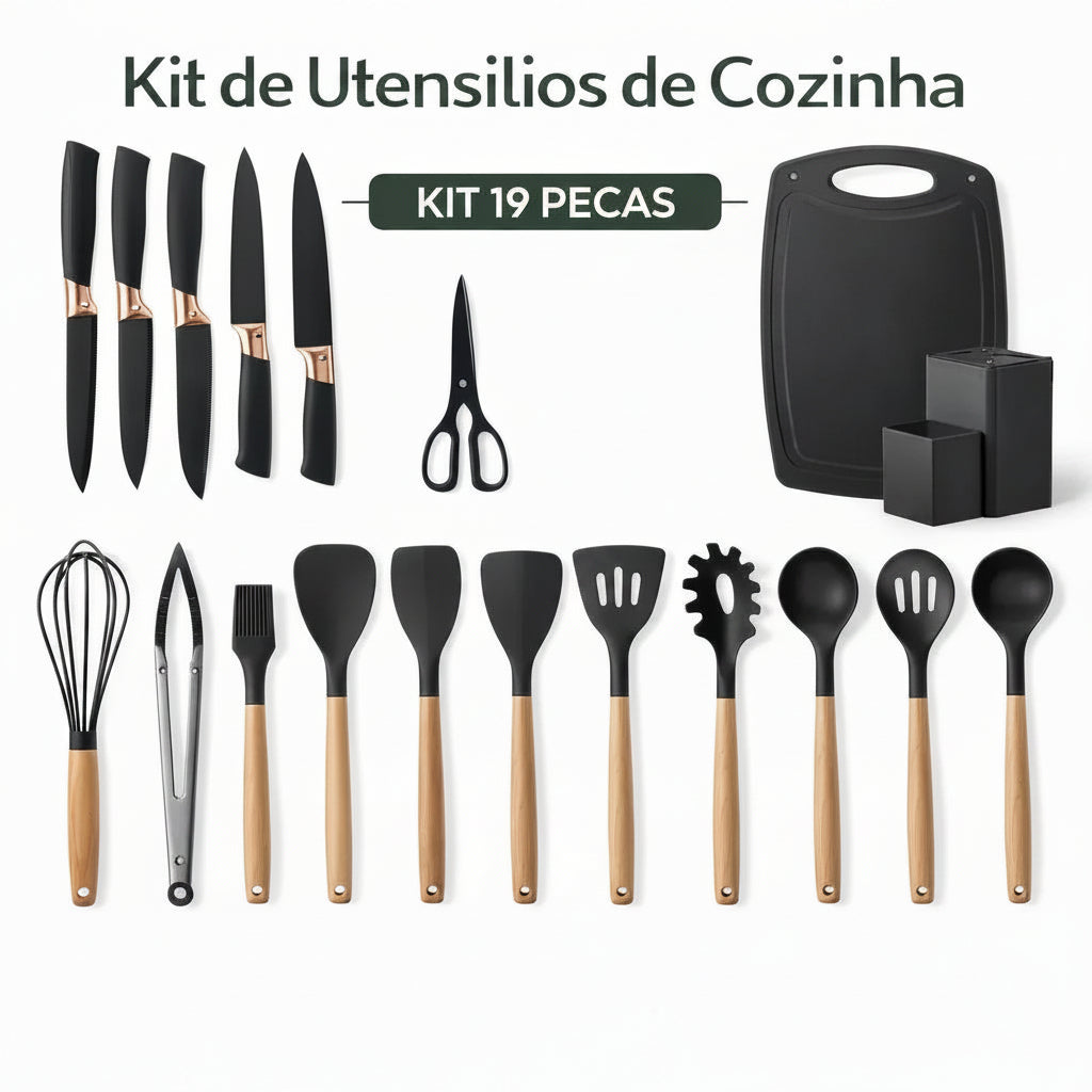 Kit de Utensilios de Cocina Silicona 19 Piezas – Mango Madera, No Raya Antiadherente
