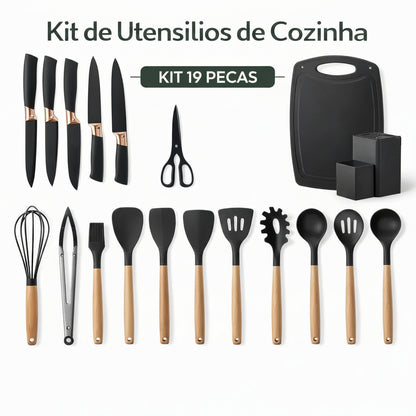 Kit de Utensilios de Cocina Silicona 19 Piezas – Mango Madera, No Raya Antiadherente