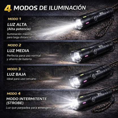 Linterna Táctica Recargable USB 2000 Lúmenes 700m 4 Modos