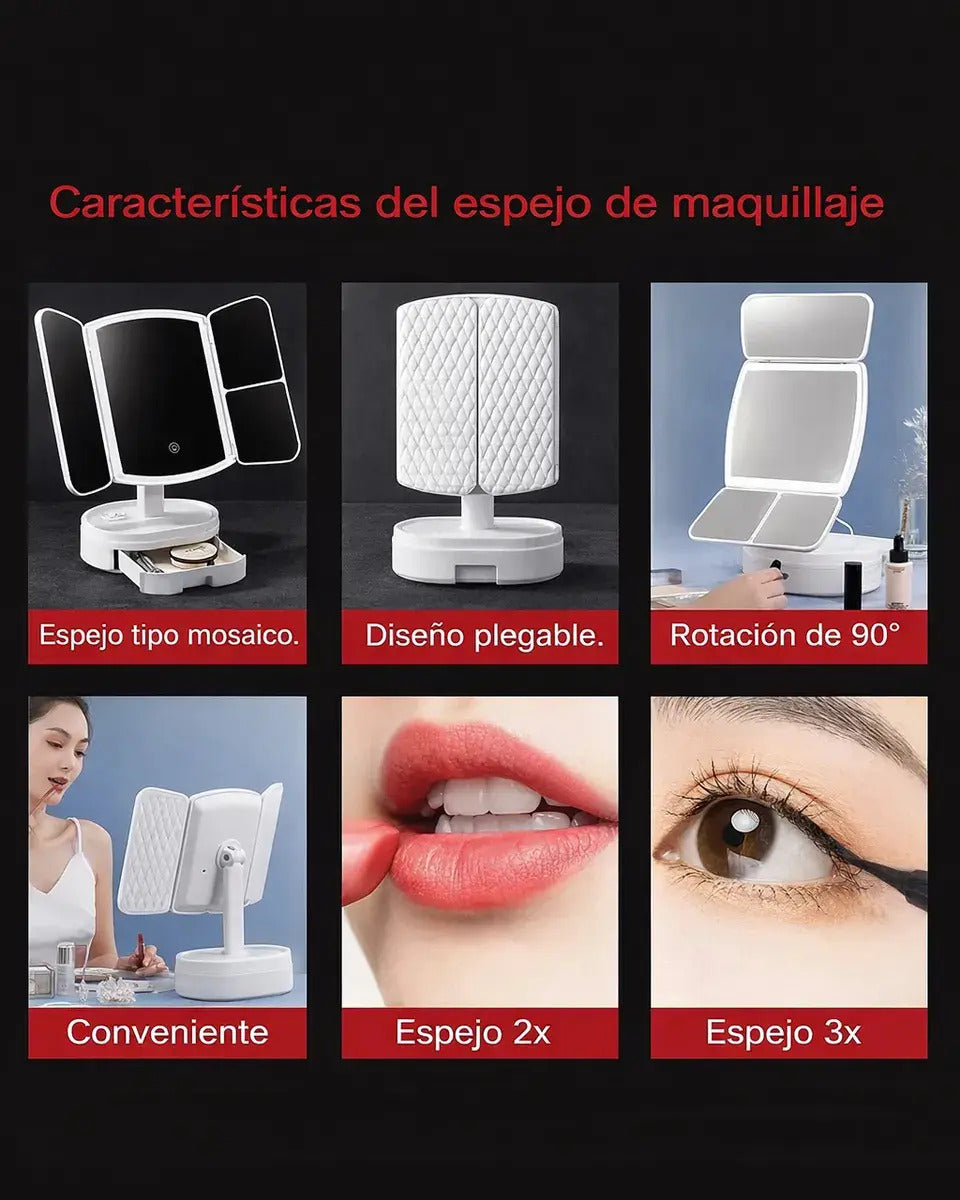 Espejo Tríptico LED USB para Maquillaje – 3 Tipos de Luz, Plegable y Portátil