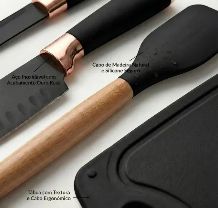 Kit de Utensilios de Cocina Silicona 19 Piezas – Mango Madera, No Raya Antiadherente