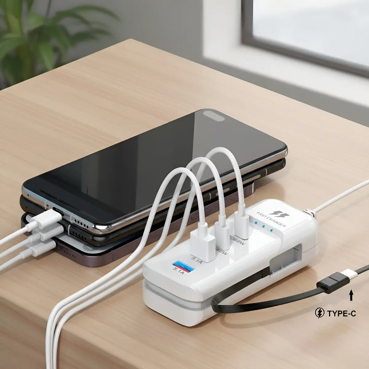 Cargador 140W 4 Puertos USB-C y USB-A Carga Rápida Android iOS