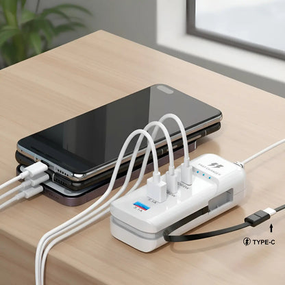Cargador 140W 4 Puertos USB-C y USB-A Carga Rápida Android iOS