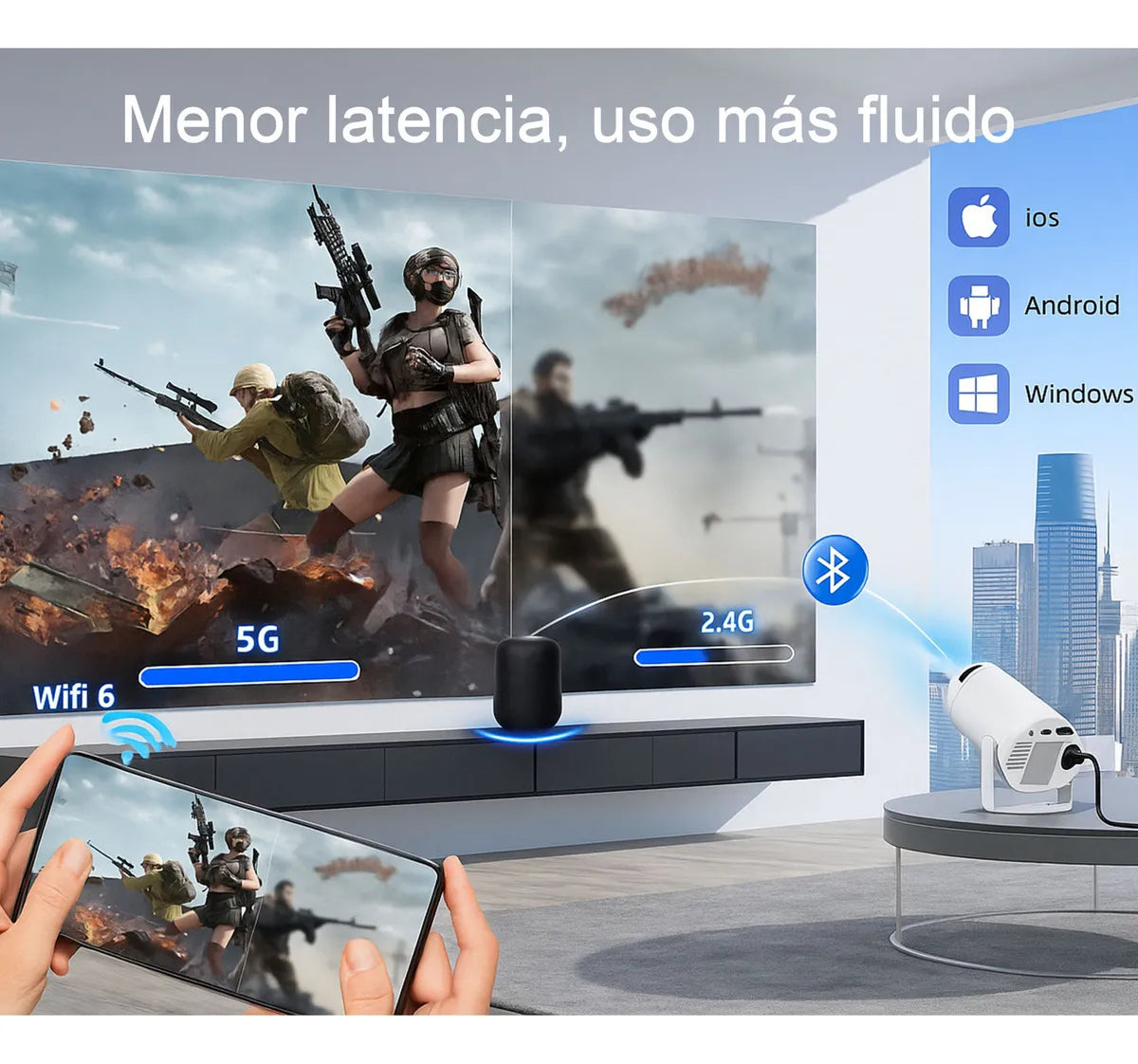 Proyector Portátil YX100 Full HD 1080p – Android TV, Wi-Fi, Bluetooth y 2 Mandos