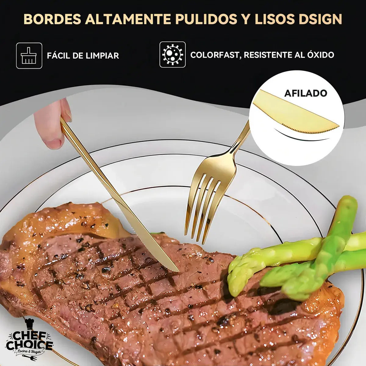 Set de Cubiertos 24 Piezas Acero Inoxidable Dorado – 6 Personas, Apto Lavavajillas
