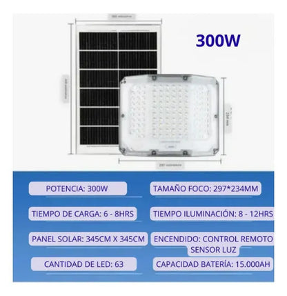 Foco Reflector Solar LED 300W – Panel Independiente, 4 Modos, Control Remoto
