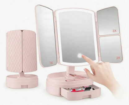 Espejo Tríptico LED USB para Maquillaje – 3 Tipos de Luz, Plegable y Portátil