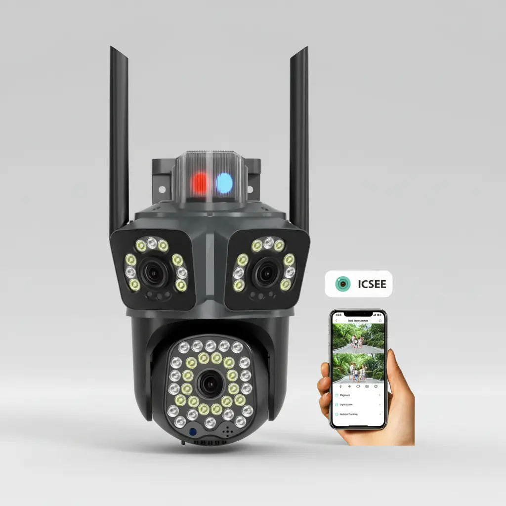 Cámara WiFi Triple Lente PTZ 2MP Exterior Visión Nocturna