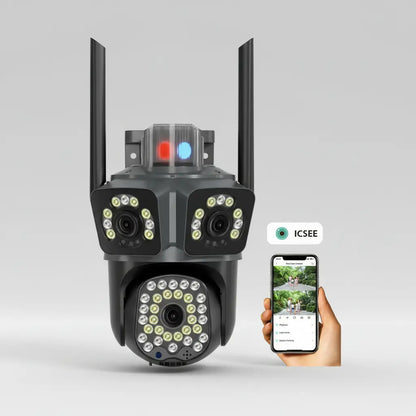 Cámara WiFi Triple Lente PTZ 2MP Exterior Visión Nocturna