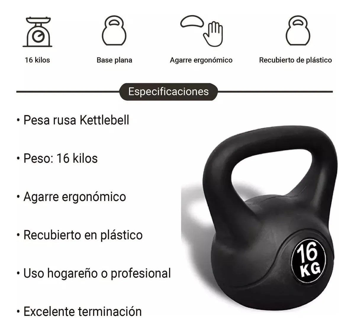 Pesa Rusa Kettlebell 16 kg – PVC Antideslizante para Crossfit de Alto Rendimiento