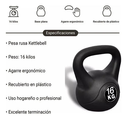 Pesa Rusa Kettlebell 16 kg – PVC Antideslizante para Crossfit de Alto Rendimiento