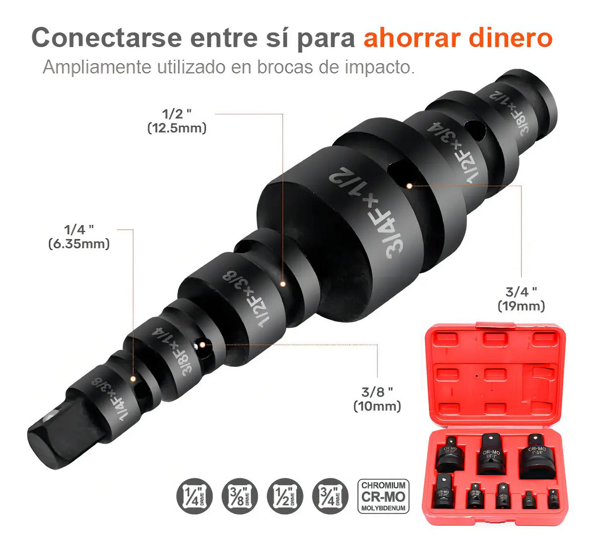 Set 8 Adaptadores de Dado para Llaves de Impacto 1/4" a 1" | Cromo Vanadio