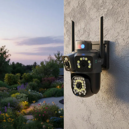 Cámara WiFi Triple Lente PTZ 2MP Exterior Visión Nocturna