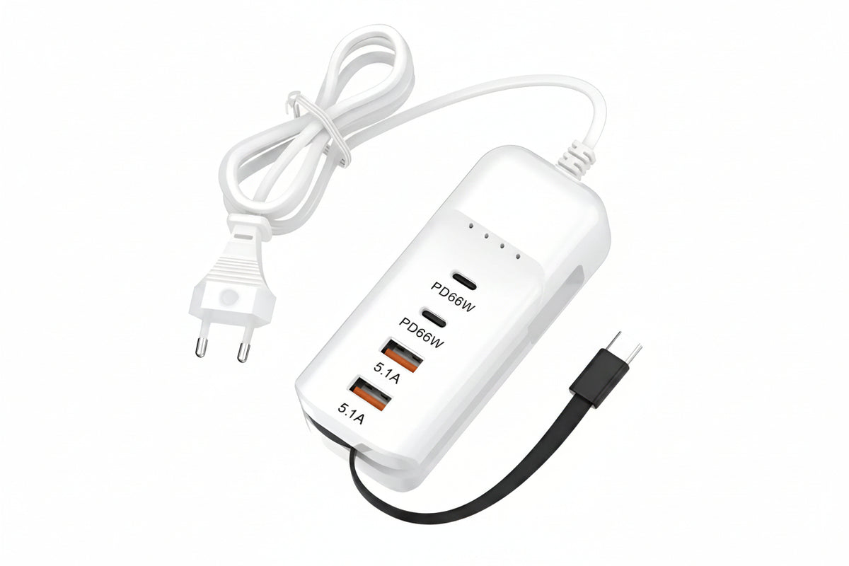 Cargador 140W 4 Puertos USB-C y USB-A Carga Rápida Android iOS