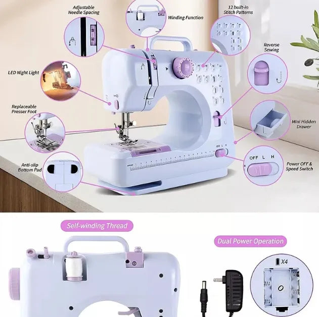 Mini Máquina de Coser Portátil SM-505L – 12 Puntadas, Ojal Automático y Luz LED