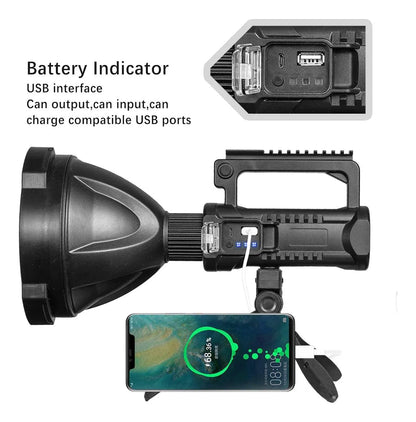 Linterna LED P70 8800 Lúmenes con Trípode y Power Bank – Alcance 2200m