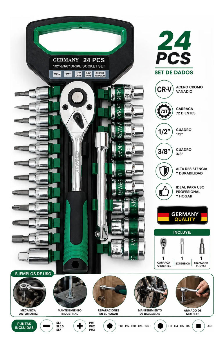 Juego de Dados y Chicharra 1/2″ y 3/8″ de 24 Piezas