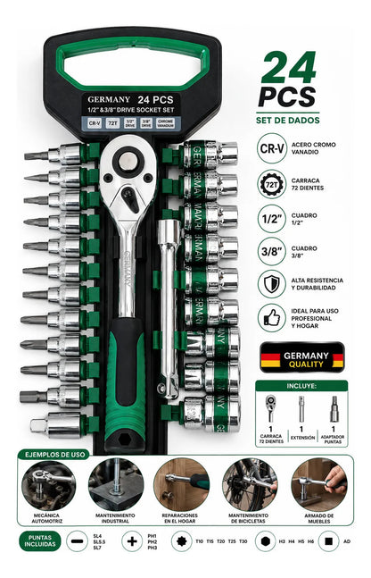 Juego de Dados y Chicharra 1/2″ y 3/8″ de 24 Piezas