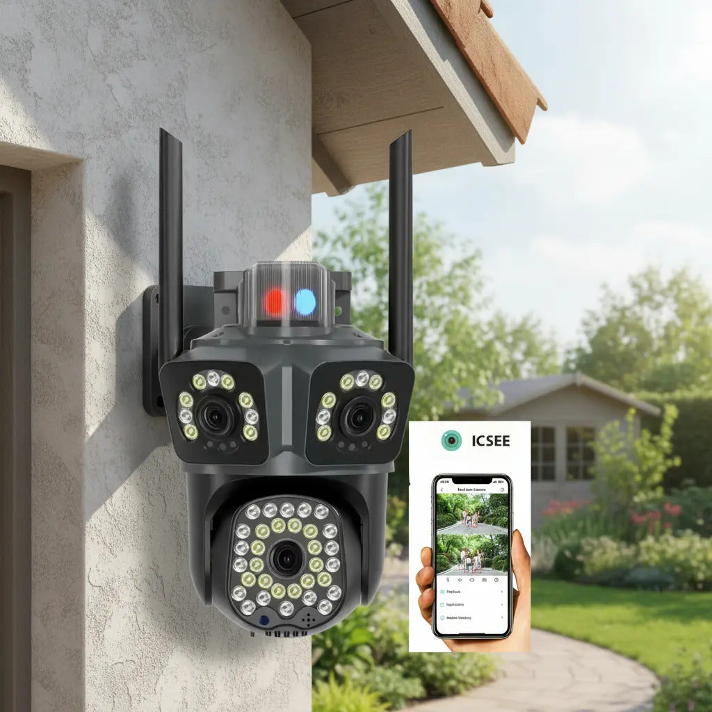 Cámara WiFi Triple Lente PTZ 2MP Exterior Visión Nocturna