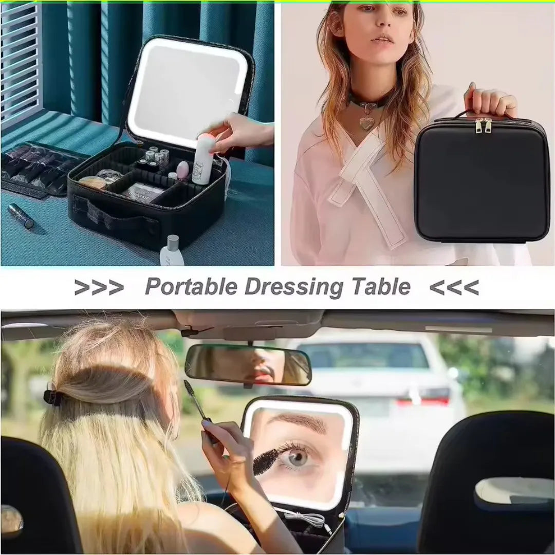 Estuche Organizador de Maquillaje con Espejo LED Recargable y Brochas