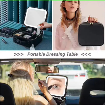 Estuche Organizador de Maquillaje con Espejo LED Recargable y Brochas