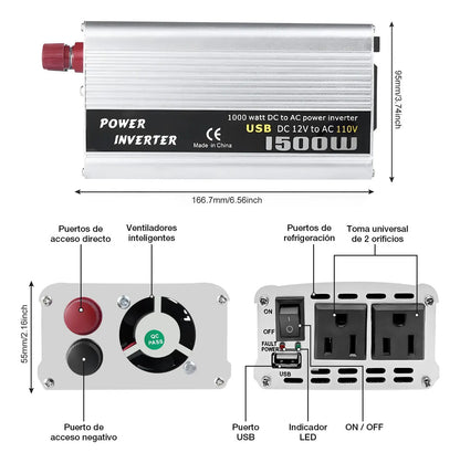 Inversor de Corriente para Auto 1500W 12V a 110V – Onda Modificada