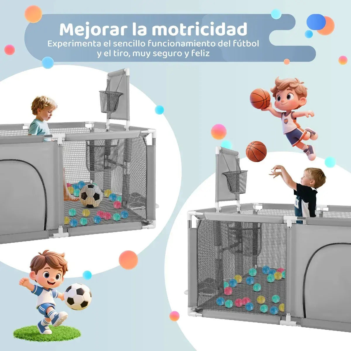 Corral de Juego para Bebés 180 cm con Aro de Basket | Plegable y Seguro